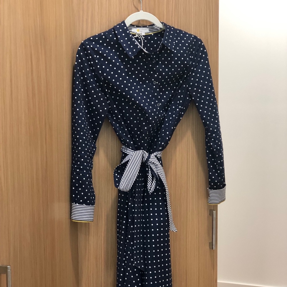 Boden Navy and White Polka Dot Shirt Dress